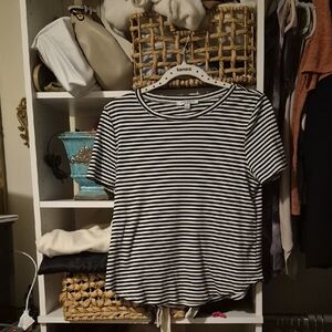 Green Envelope Black and White Striped Short Sleeve Tee